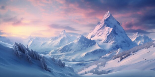 niesamowity zimowy krajobraz gór o zachodzie słońca