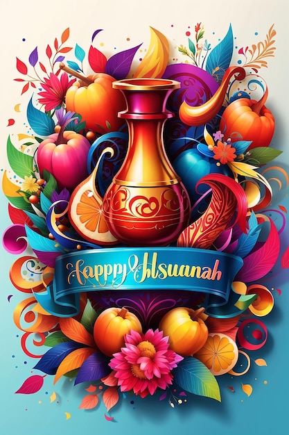 Niesamowity żywy napis Rosz ha-Szana nowy rok kolorowy tradycyjny transparent generatywny autorstwa Ai
