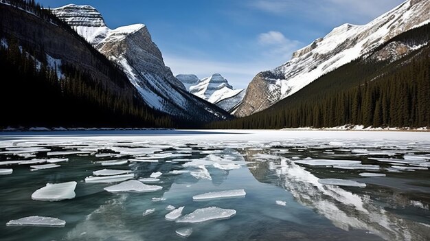 Nieskazitelnie zamarznięte jezioro z pokrytymi śniegiem górami wygenerowanymi przez sztuczną inteligencję