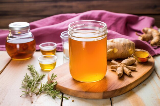 Zdjęcie niesmakowana kombucha w okrągłej szklance obok składników aromatyzujących