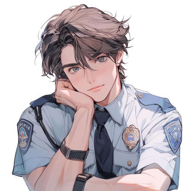 Nieśmiały bohater Młody policjant z krótkimi, stylizowanymi włosami