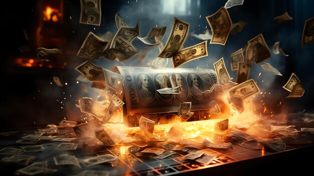 Zdjęcie niestabilność rynków finansowych z intensywnym obrazem płonących banknotów