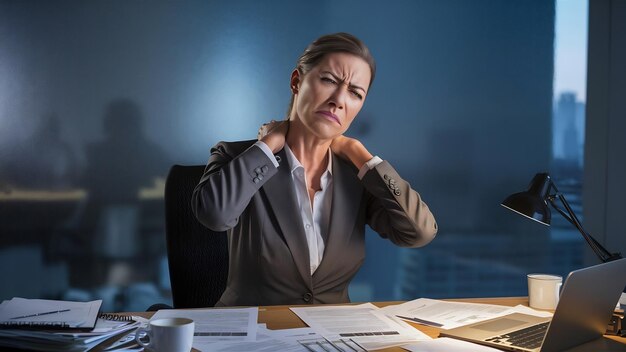 Nieszczęśliwa bizneswoman odczuwa ból szyi