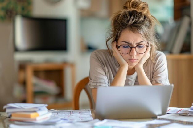 Nieszczęśliwa młoda kobieta w okularach czuje się zestresowana obliczając miesięczne wydatki w domu