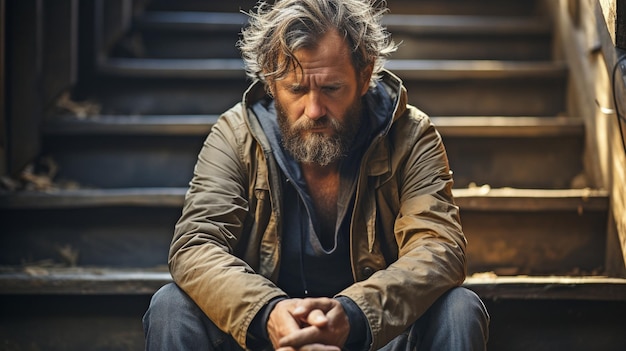 Zdjęcie nieszczęśliwy człowiek siedzi na schodach w budynku lub schodach przeciwpożarowych z rękami na kolanach