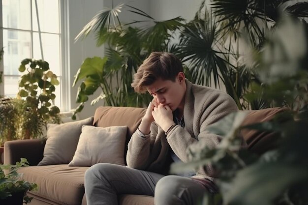 Zdjęcie nieszczęśliwy, przygnębiony, biały mężczyzna płaczący na kanapie w salonie, czując się zdesperowany i samotny.
