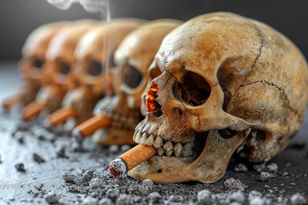 Nieszczęsne martwe życie czaszek i papierosów Zgroźne ostrzeżenie przed paleniem Śmiertelne skutki Artystyczne Vanitas Kompozycja z dymem i popiołem