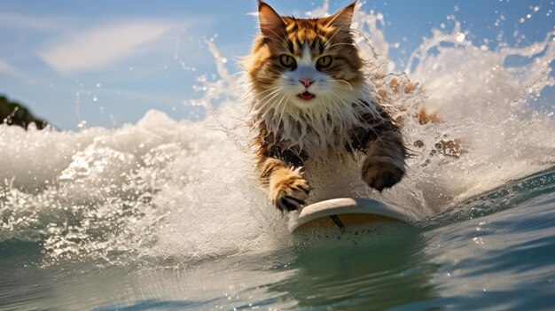 Nieustraszony paskowy kot surfujący na desce na fali w oceanie Miejsce dla tekstu