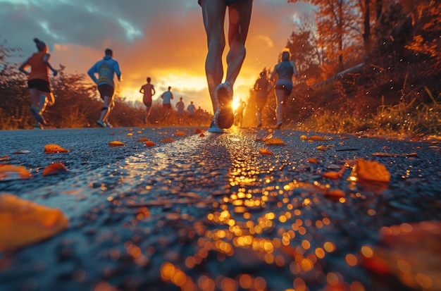 Nieuznani sportowcy biegnący po drodze podczas zachodu słońca