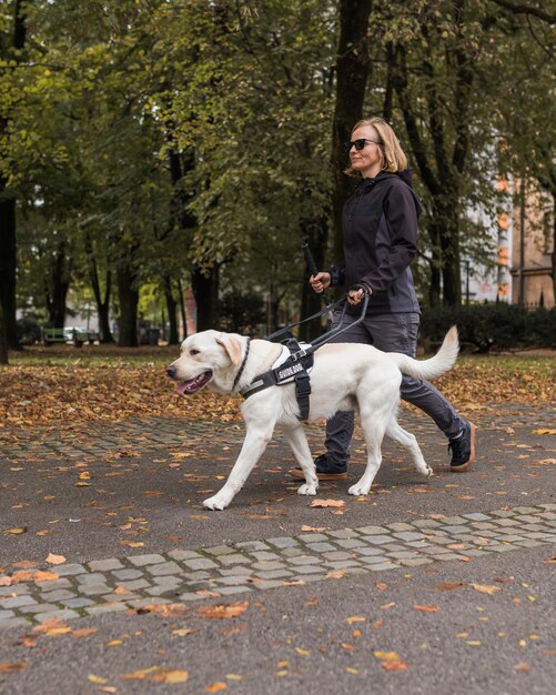 Niewidoma kobieta w towarzystwie psa przewodnika idąca wzdłuż miejskiego parku