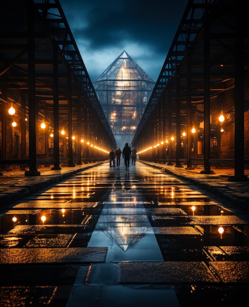 Niewielu ludzi przechodzi przez długi korytarz oświetlony żółtym światłem lamp Wielka szklana piramida na tle