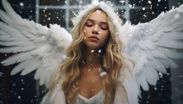 Zdjęcie niewinna młoda dziewczyna z długimi blond włosami i skrzydłami anioła.