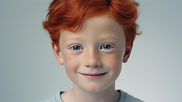 Niewinnie wyglądający rudy chłopiec z rudymi włosami i piegami, prawdopodobnie psotny Sztandar z otwartą przestrzenią po jednej stronie