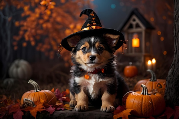 Zdjęcie niewinność i zaklęcie fotorealistyczna scena halloween z uroczym szczeniakiem