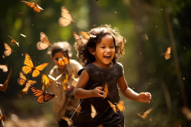 Niewinność w ruchu Zabawny pościg za motylami dla dzieci w Azji Promienne uśmiechy w pełnym rozkwicie