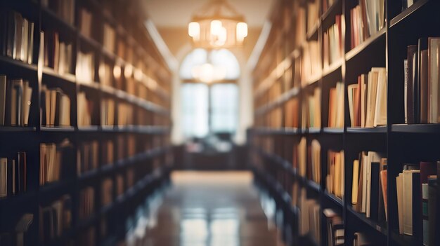 Niewyraźna przestrzeń wewnętrzna biblioteki z półkami na książki