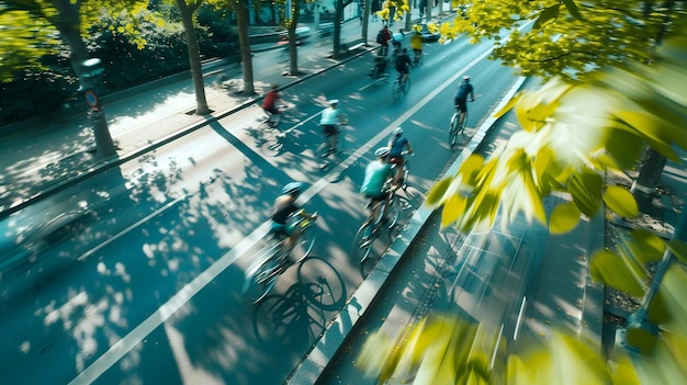 Zdjęcie niewyraźna ścieżka rowerowa pełna rowerzystów w ekologicznym krajobrazie miasta