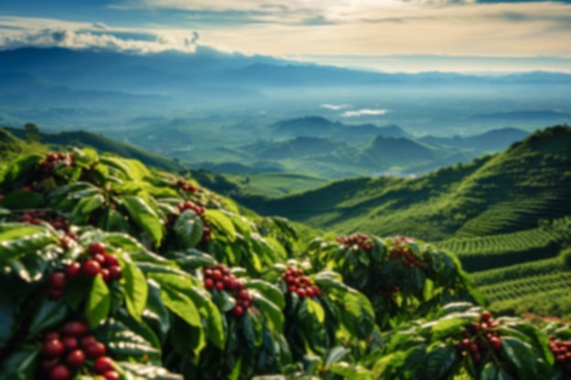 Zdjęcie niewyraźne czerwone ziarna kawy błyszczą w górach, oddając esencję zrównoważonego rolnictwa poznaj spokojną okolicę, gdzie natura spotyka się z kawą, wschód słońca nad pokrytymi mgłą wzgórzami