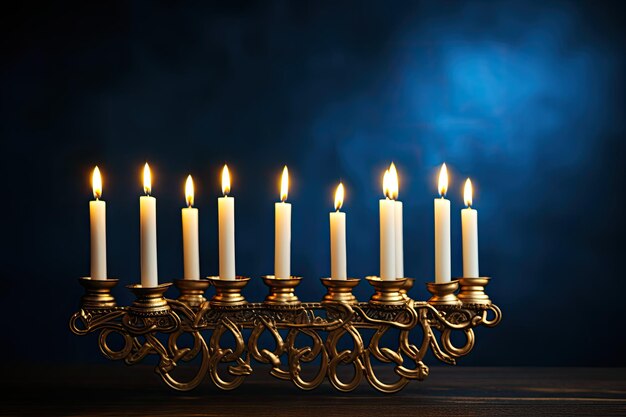 Zdjęcie niewyraźne tło hanukkah z menorą i zapalonymi świecami