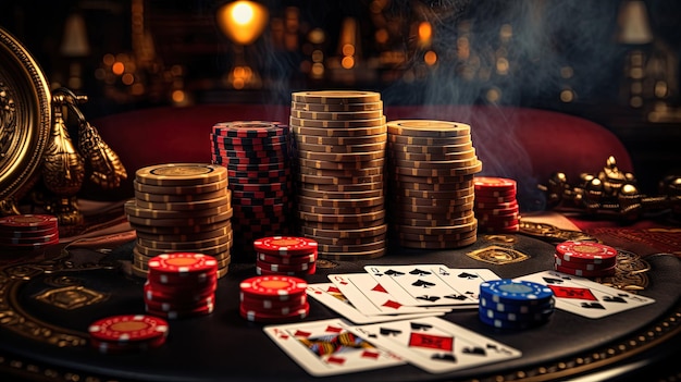 Niewyraźne tło i żetony Stok żetonów do pokera na zielonym stole Temat gry w pokera generowany przez sztuczną inteligencję