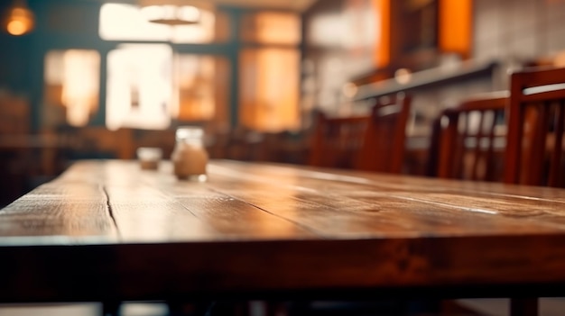 Niewyraźne tło kawiarni lub restauracji przedstawia pusty drewniany stół Generative AI