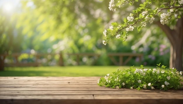 Niewyraźne tło wiosenne z zielonymi bujną liśćmi i kwitnącymi gałęziami z pustym drewnianym stołem