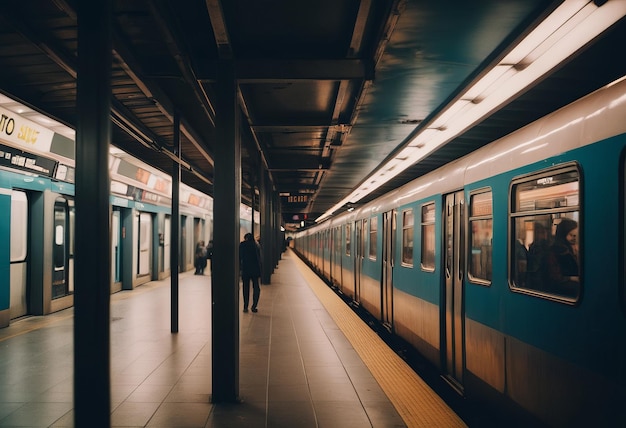 Zdjęcie niewyraźni ludzie na peronie metra opuszczają pociąg.