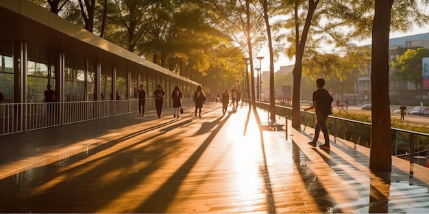 Niewyraźni ludzie spacerujący po koreańskim parku późnym popołudniem, długie cienie rozmyły tło obrazu
