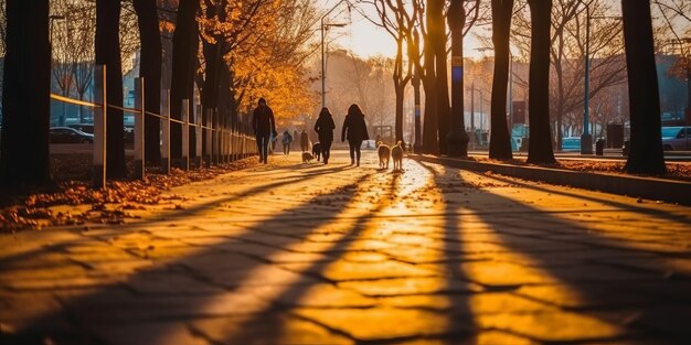 Niewyraźni ludzie spacerujący po koreańskim parku późnym popołudniem, długie cienie rozmyły tło obrazu