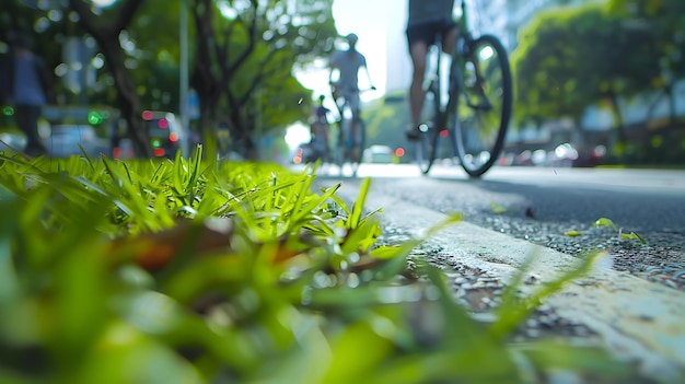 Zdjęcie niewyraźni rowerzyści w verdant city bicycle lane przekazują przyjazny dla środowiska dojazd i żywy styl życia