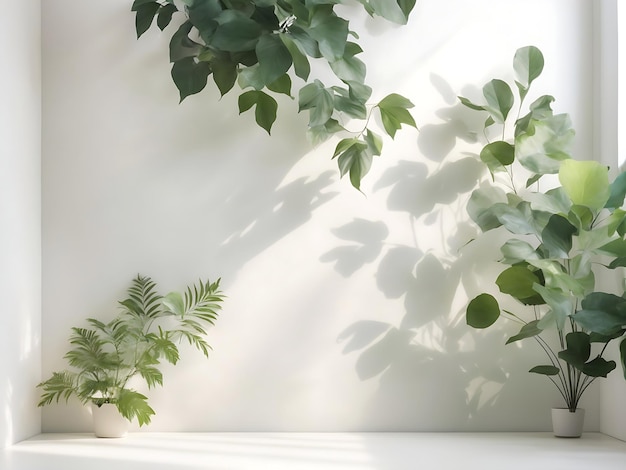 Niewyraźny cień liści roślin na białej ścianie Minimalne abstrakcyjne tło do prezentacji produktu Wiosna i lato