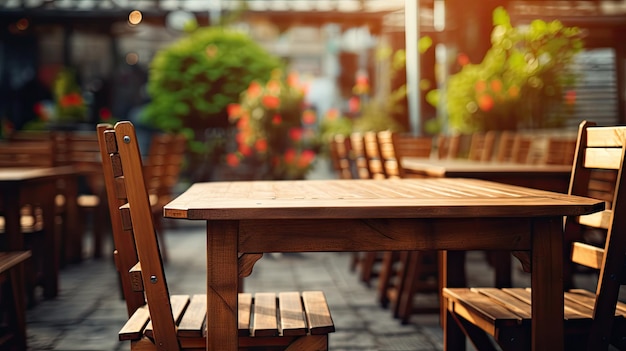 Niewyraźny drewniany stół i krzesło restauracyjne na świeżym powietrzu