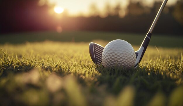 Niewyraźny klub golfowy i piłka golfowa z bliska na trawiastym polu z zachodem słońca Generative Ai