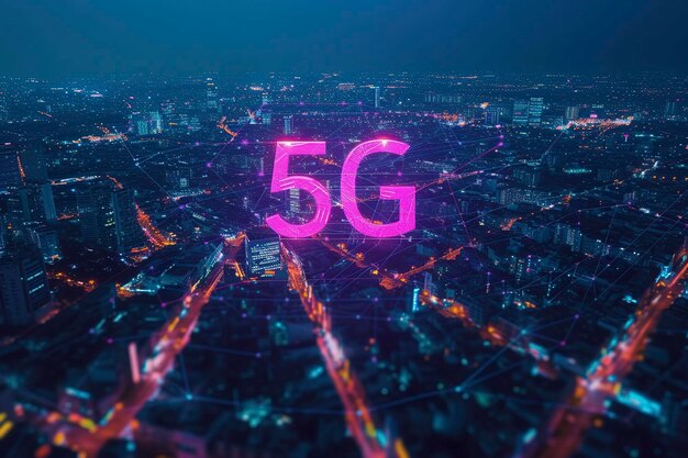 Niewyraźny krajobraz miasta z sygnałem 5G