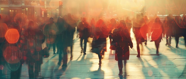 Niewyraźny obraz ruchliwej ulicy miejskiej z ludźmi chodzącymi i niosącymi torby