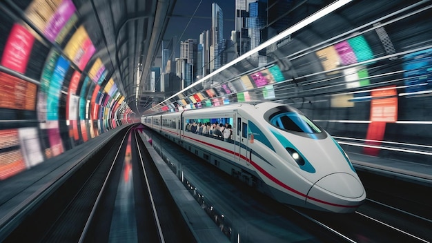 Niewyraźny ruch automatycznego pociągu poruszającego się w tunelu w Tokio w Japonii