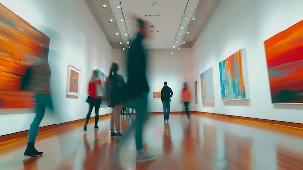Niewyraźny ruch ludzi odwiedzających galerię sztuki chodzących po korytarzu wśród bólu Generatywna sztuczna inteligencja