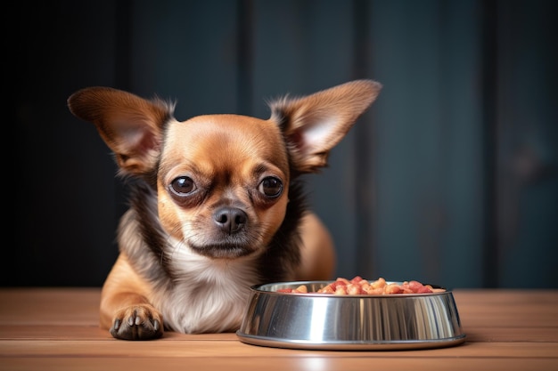 Niezainteresowany pies Chihuahua nie chce jeść leżąc w pobliżu miski z jedzeniem