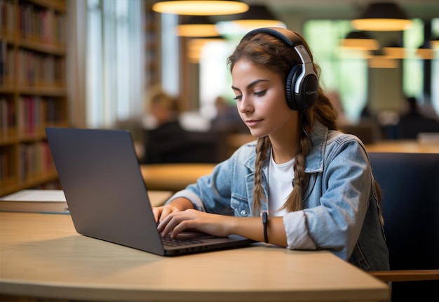 Zdjęcie niezależna kobieta ze słuchawkami do laptopa