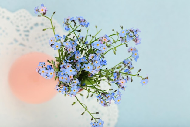 Niezapominajkowe kwiaty na niebieskim tle