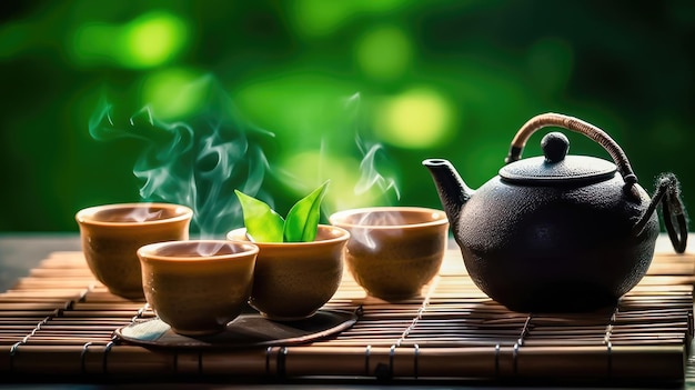 Niezbędne elementy ceremonii parzenia herbaty Mały czajniczek i filiżanki na stole Generacyjna sztuczna inteligencja