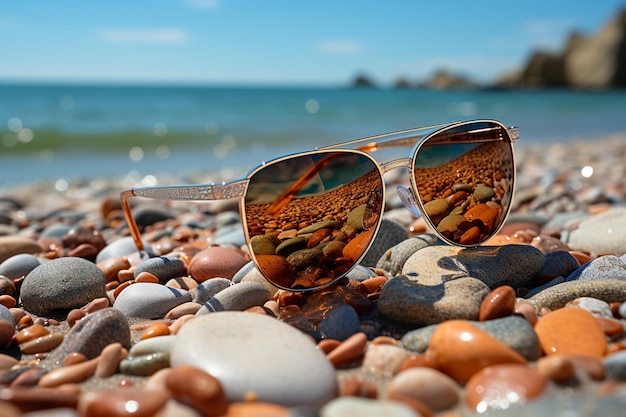 Niezbędne letnie okulary przeciwsłoneczne i muszla spoczywająca na piasku