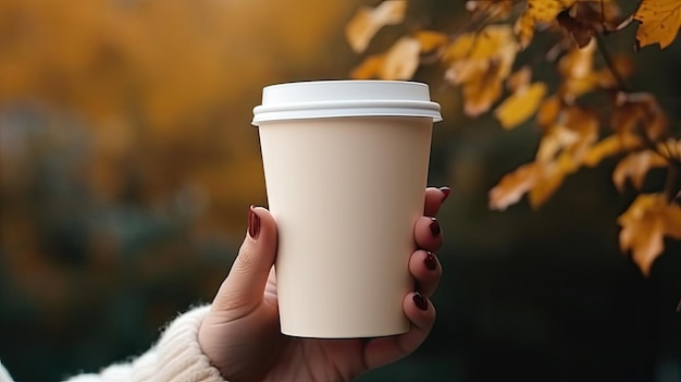 Niezidentyfikowana ręka chwytając przyjazny dla środowiska papierowy kubek z przestrzenią do projektowania filiżanka herbaty lub kawy z jesiennymi liśćmi w pobliżu naturalnego otoczenia Harmon Mockup image