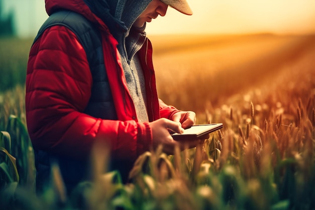 Niezidentyfikowany rolnik płci męskiej wykorzystuje tablet do wydajnego zarządzania gospodarstwem i produktywności