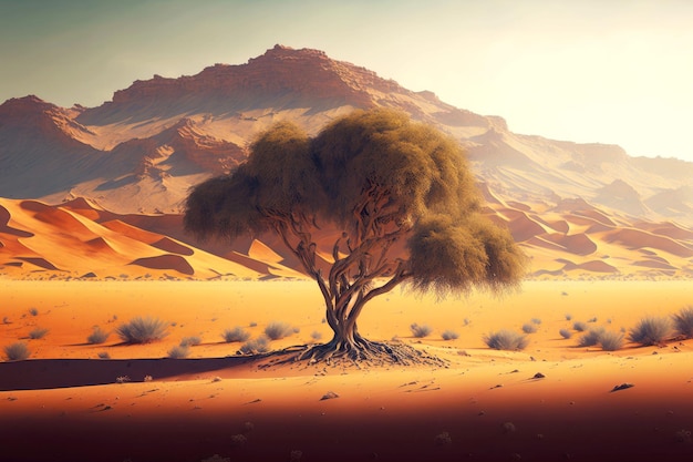 Nieziemski krajobraz majestatycznych gór żółtego pustynnego piasku i samotnego lasu