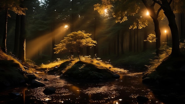 Nieziemski las otoczony blaskiem tajemniczych świateł atmosfera mistycyzmu i magii w naturalnym krajobrazie Kreatywna sztuczna inteligencja generowana