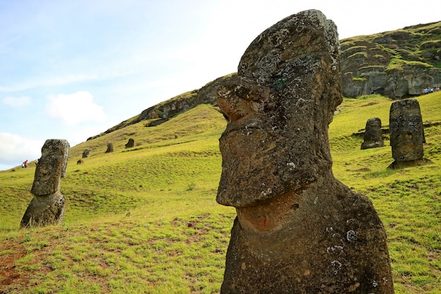 Zdjęcie niezliczone gigantyczne porzucone posągi moai na wulkanu rano raraku, wyspa wielkanocna, chile