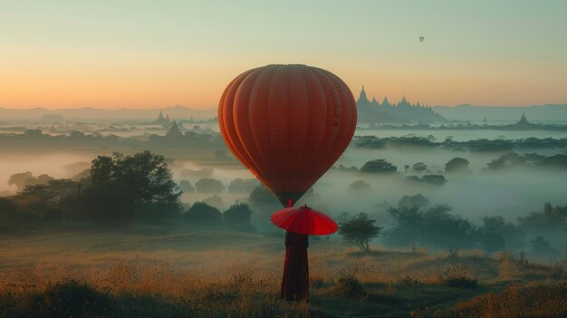 Nieznana birmańska kobieta trzyma tradycyjny czerwony parasol i patrzy na balon z gorącym powietrzem nad równiną Bagan w mglisty poranek w Mandalay w Mjanmie