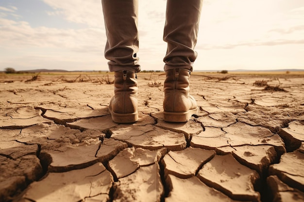 nieznana osoba w butach stojąca na suchej, złamanej ziemi
