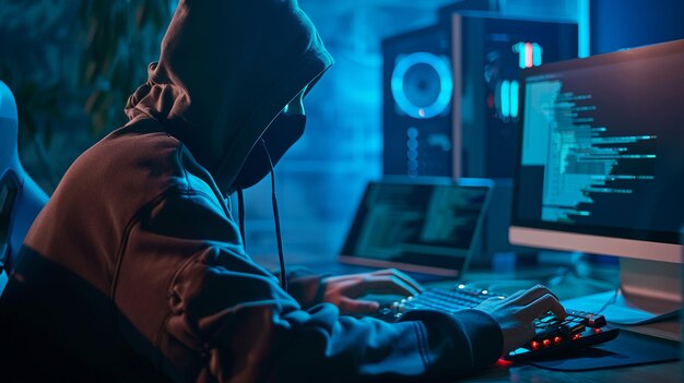 Nieznany cyberprzestępca włamuje się do systemów, typów kodów, analizuje dane, nosi kaptur, nocne biuro.